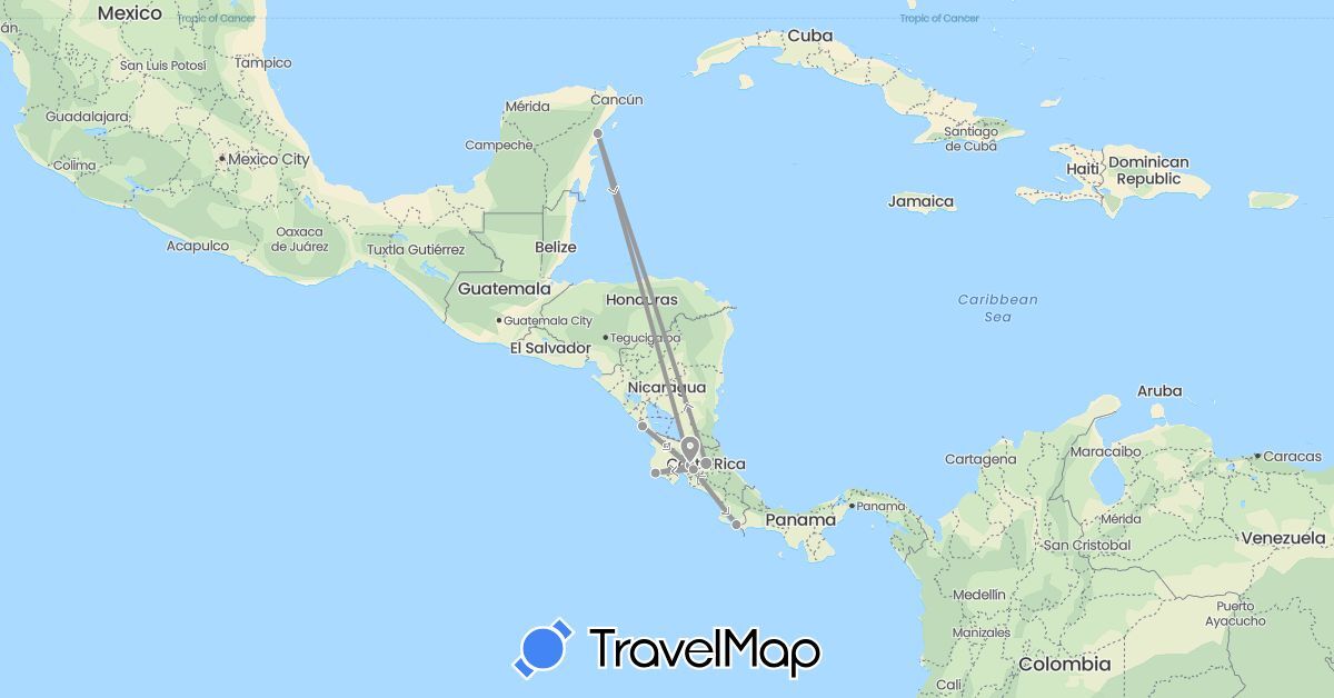 TravelMap itinerary: plane in Costa Rica, Mexico, Nicaragua (North America)